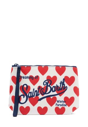 Canvas zakje met een rood hartpatroon op een witte achtergrond. Bevat de tekst "Dromen van Saint Barth" en "Winterparadijs" in het blauw. Met ritsluiting.