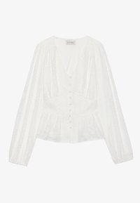 White blouse with long sleeves, rounded neckline, and button closure. Features subtle floral texture and peplum hem for added shape.
