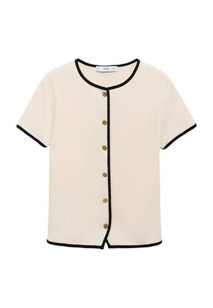 Korte mouw blouse in crème stof met zwarte afwerking, met een ronde halslijn en een voorclosure met gouden knopen.