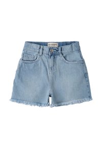 Shorts de mezclilla azul claro con dobladillo deshilachado, diseño de cinco bolsillos y cierre frontal con botón. Fabricados con tela de algodón para mayor comodidad.