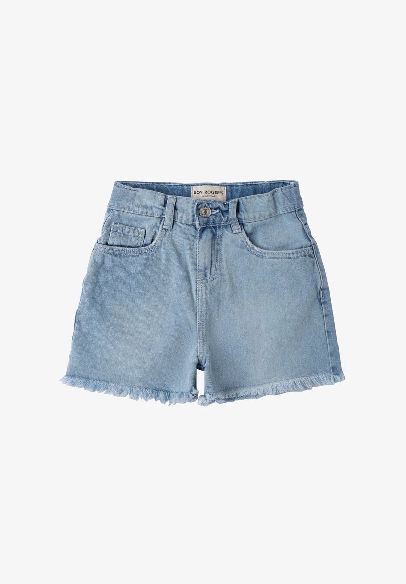 Shorts de mezclilla azul claro con dobladillo deshilachado, diseño de cinco bolsillos y cierre frontal con botón. Fabricados con tela de algodón para mayor comodidad.