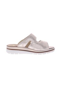 Licht metalen leren schuifsandalen met twee uitsparingen, een witte rubberen zool en een gevoerde inlegzool voor comfort.
