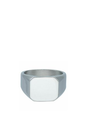 Silver metal signet ring with a flat, polished octagonal face and a smooth, wide band.