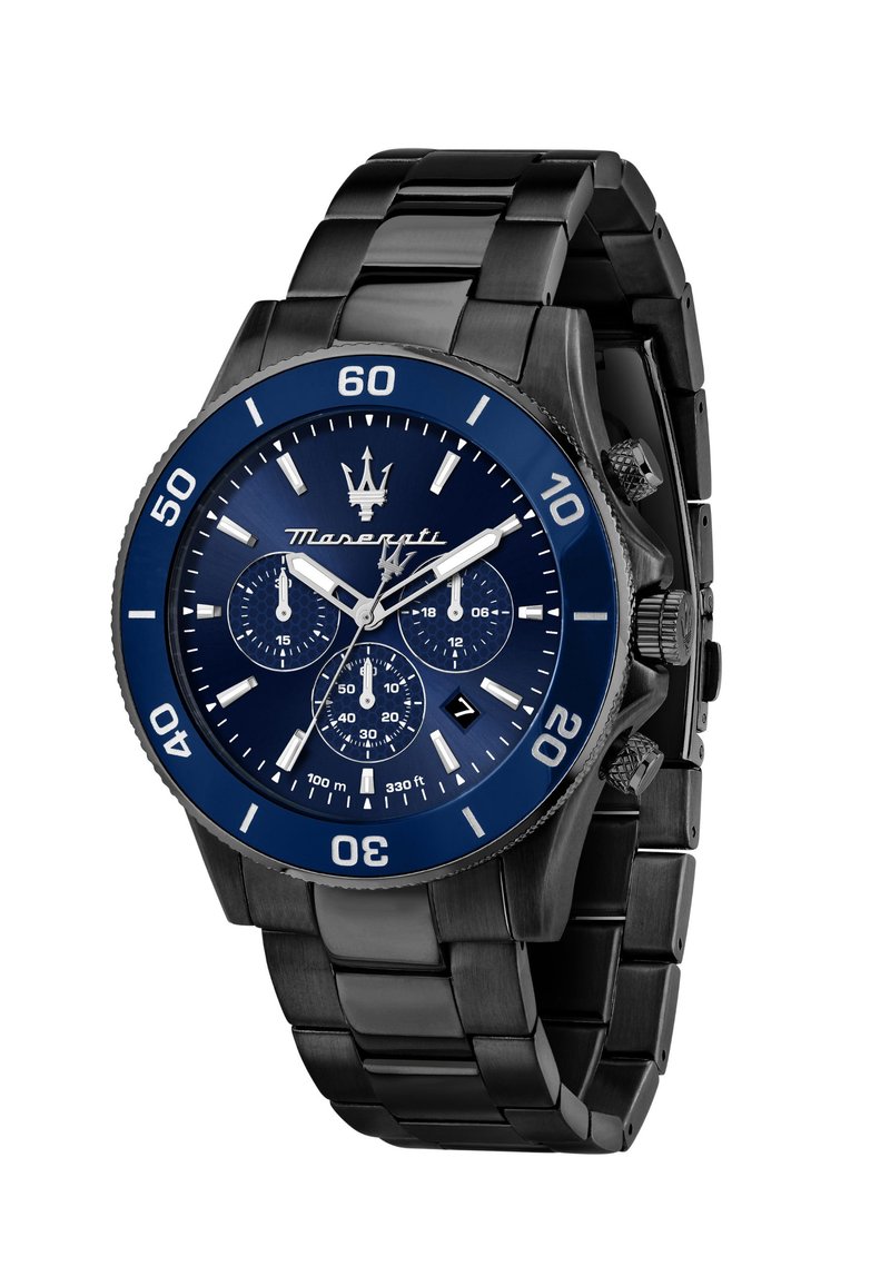 Schwarze Edelstahl-Uhr mit blauem Gehäuse, blauen Zifferblatt und silbernen Akzenten. Verfügt über Chronographen-Subzifferblätter und einen Wasserdichtigkeitsindikator.