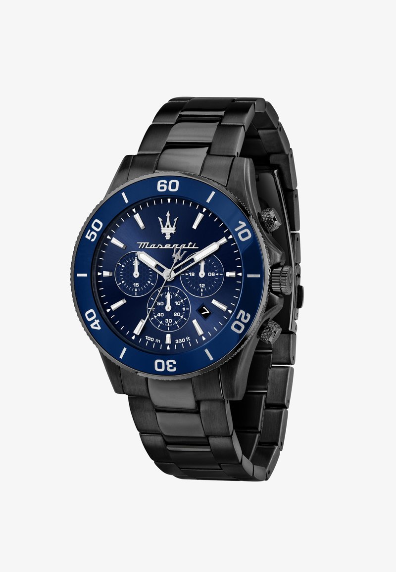 Schwarze Edelstahl-Uhr mit blauem Gehäuse, blauen Zifferblatt und silbernen Akzenten. Verfügt über Chronographen-Subzifferblätter und einen Wasserdichtigkeitsindikator.