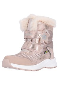 Botte d'hiver métallisée rose avec bord en fausse fourrure, détail en étoile, double sangle Velcro, semelle en caoutchouc texturé et cheville rembourrée pour chaleur et soutien.
