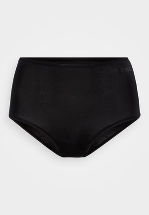 Bas de bikini noir taille haute, en tissu lisse, avec un design minimaliste et un logo de marque en relief sur la ceinture.