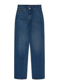 Dark blue denim jeans with a straight fit, featuring a button closure, two front pockets, and classic stitching details.