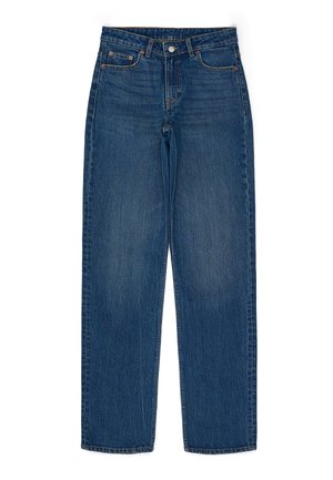 Mørkeblå denimjeans med lige pasform, der har en knaplukning, to forlommer og klassiske syninger.
