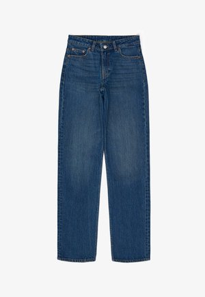 Mørkeblå denimjeans med lige pasform, der har en knaplukning, to forlommer og klassiske syninger.