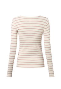 Langärmliges Oberteil mit gerippter Textur, vertikalen cream- und gedämpft pinkfarbenen Streifen, Rundhalsausschnitt und figurbetonter Silhouette.