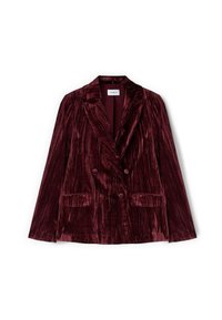 Burgundowa aksamitna marynarka z podwójnym zapięciem, z klapami o kroju szpic i dwoma kieszeniami z przodu, z teksturowanym wykończeniem materiału.