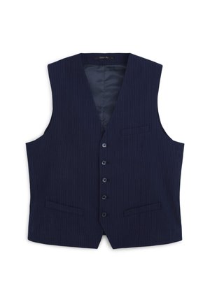 Gilet a righe blu navy con un profondo scollo a V e sei bottoni frontali. Presenta due tasche anteriori e una fodera interna liscia.