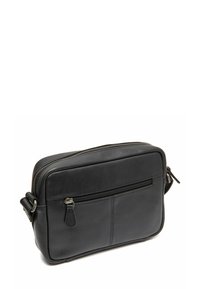 Borsa a tracolla in pelle nera con scomparto principale con zip, tasca frontale e tracolla regolabile; texture liscia e design minimalista.