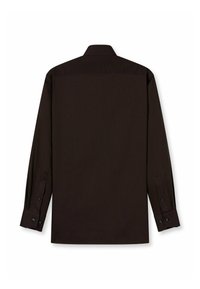 Donkerbruine lange mouwen shirt met een subtiele textuur, knoopmanchetten en een verspreide kraag. De achterzijde toont een schoon, op maat gemaakt ontwerp.