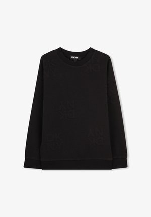 Sweat-shirt noir à col rond, manches longues, avec un motif texturé du logo DKNY. Comprend des poignets et un ourlet côtelés. Tissu doux.