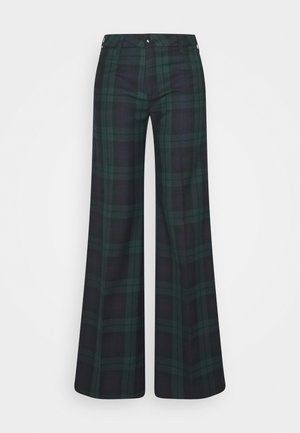 Wide-leg trousers in dark green and navy plaid pattern. Made of smooth fabric with a zip fly and button closure. Features belt loops and pockets.