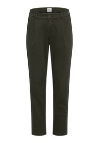 Donkergroene broek van een katoenmix, met een elastische tailleband, voorplooien en taps toelopende pijpen voor een getailleerd figuur.