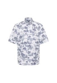 Korte mouwen overhemd van witte stof met een marineblauw tropisch landschap print met palmbomen, heuvels en boten. Met knoopsluiting kraag.