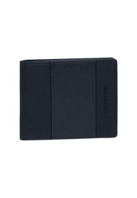 Portafoglio blu scuro realizzato in tessuto strutturato con un pannello liscio di accentuazione; presenta un logo sulla parte anteriore e un design bifold per carte e contanti.