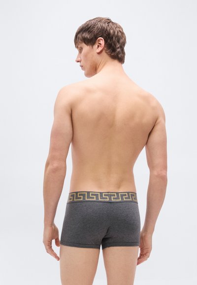 Γκρι βαμβακερά ανδρικά εσώρουχα μπόξερ με διακοσμητικό χρυσό μοτίβο Ελληνικού κλειδιού στη ζώνη μέσης. Το ύφασμα φαίνεται απαλό και εφαρμοστό.