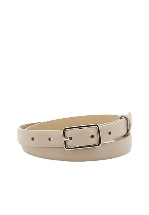 Beige narrow leather belt with a rectangular gold metal buckle and multiple adjustment holes, coiled on a white background.