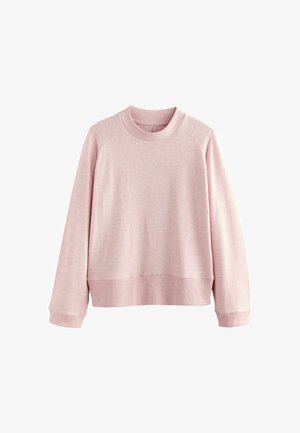 Jasnoróżowy sweatshirt wykonany z miękkiej tkaniny, z żebrowanym okrągłym dekoltem, żebrowanymi mankietami i dołem, o luźnym kroju i bez wzorów.