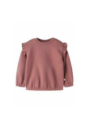 Felpa rosa cipria a maniche lunghe per bambini con dettagli di volant sulle spalle e polsini ed orlo elastici su sfondo bianco.