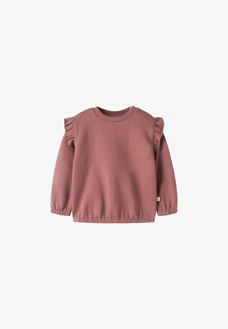 Sweat-shirt enfant à manches longues rose poudré avec détails à volants aux épaules et poignets et ourlet élastiques sur fond blanc.