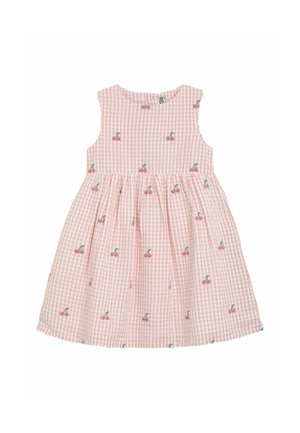 Pink gingham dress with cherry embroidery, sleeveless design, gathered skirt, and round neckline. Made from lightweight cotton fabric.