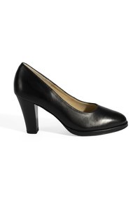 Zwarte leren pump met een ronde teen, gemiddelde hoogtehak, gladde textuur en minimalistisch ontwerp. Geen zichtbare versieringen of patronen.