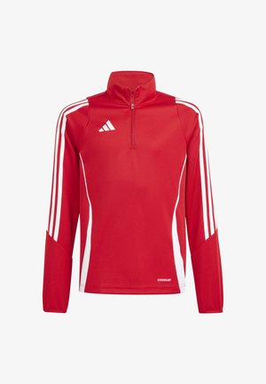 Top atletico rosso con colletto alto, zip a metà e maniche lunghe. Presenta strisce bianche sulle maniche e l'etichetta "AEROREADY" sull'orlo.