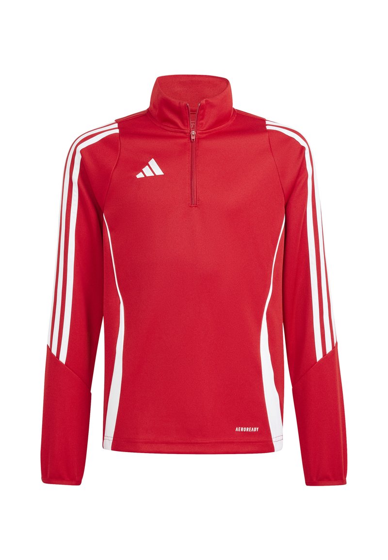 Rood sporttop met hoge kraag, halve rits en lange mouwen. Voorzien van witte strepen op de mouwen en een "AEROREADY" label aan de zoom.