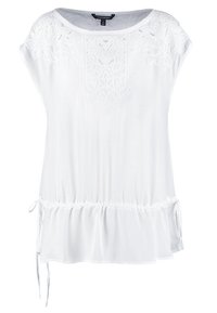 Weiße Bluse mit kurzen Ärmeln, die mit gestickten Details an den Schultern und einem Kordelzugsaum für eine verstellbare Passform versehen ist. Glattes, leichtes Material.