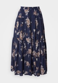 Marineblå blomster-maksikjørt laget av lett stoff. Har elastisk midje, lagdelte nivåer og intrikate blomsterdesign i beige og hvitt.