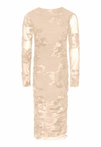 Garšas piedurkņu pieguļošs kleita no gaiši beigeras auduma ar ziedu mežģīņu pārklājumu, savelkamu tekstūru un apaļa kakla izgriezumu.