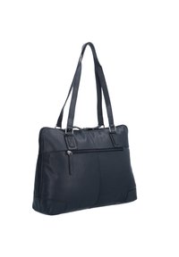 Schwarze Leder-Tote mit zwei langen Griffen, einem Reißverschlussverschluss oben und einer Fronttasche. Glatte Textur mit dezenten Nähten und Akzenten.