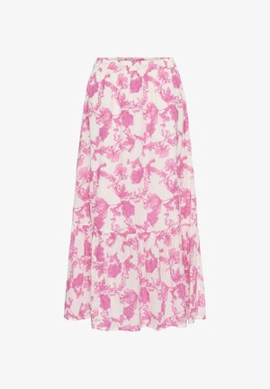 Larga falda en capas de tejido ligero, presenta un estampado de flores en tonos rosas sobre un fondo blanco, con una cintura elástica para mayor comodidad.