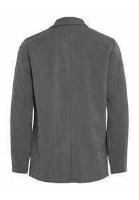 Blazer gris avec une texture de tissu lisse. Caractéristiques : col cranté, manches longues et coupe droite. Pas de décorations visibles.