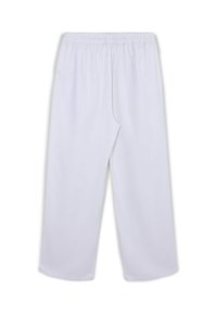 Weiße, locker sitzende Hose mit elastischem Bund. Aus glattem Stoff gefertigt, verfügt sie über Seitentaschen und einen geraden Bein- Schnitt.