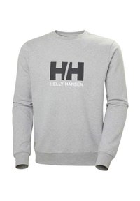 Sudadera gris de manga larga, que presenta un gran logo negro "H/H" y el texto "HELLY HANSEN". Fabricada con un tejido suave y liso.