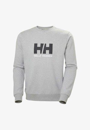 Grijze sweatshirt met lange mouwen, voorzien van een groot zwart "H/H" logo en de tekst "HELLY HANSEN". Gemaakt van zachte, gladde stof.