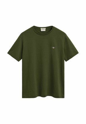 Olive zelené bavlnené tričko s klasickým okrúhlym výstrihom, krátkymi rukávmi a malým vyšitým logom na hrudi.