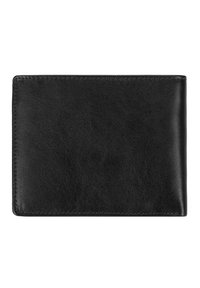Portafoglio in pelle nera con una superficie liscia, design pieghevole a due scomparti e angoli arrotondati. Aspetto minimalista senza hardware o motivi visibili.