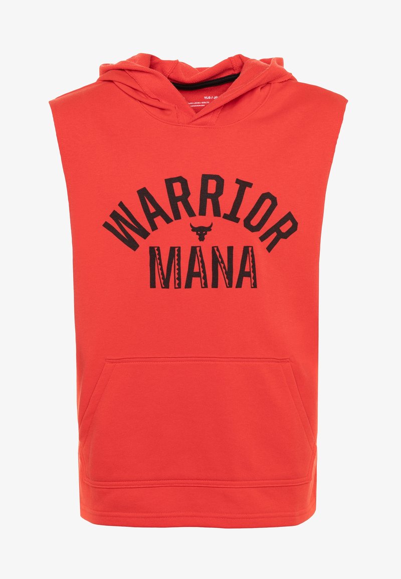 Röd ärmlös hoodie i bomull, med en framficka och svart "WARRIOR MANA" grafik och tjur-logotyp tryckt på bröstet.