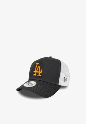 Black and gray cap with a mesh back, featuring a yellow embroidered "LA" logo, curved brim, and New Era tag on the front.