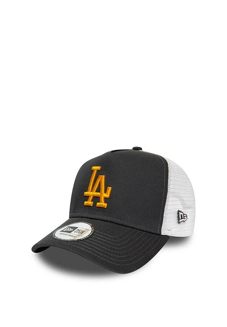 Black and gray cap with a mesh back, featuring a yellow embroidered "LA" logo, curved brim, and New Era tag on the front.