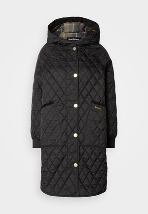 Must mustrikud pikka käisteta disainiga musta jopet, kuldsete nööbiga sulgemised, kaks esikotti, soonikkäised ja ruuduline vooder.