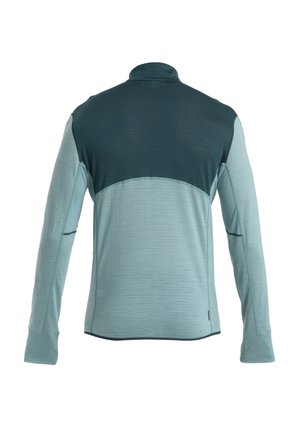 Long-sleeve pullover with a teal body, dark green yoke, textured fabric, high collar, and stitched accents. Features thumbholes at cuffs.