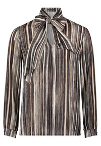 Langärmelig blouse met verticale zwarte, beige en witte strepen, met een sleutelgat-halslijn en een grote strik bij de kraag.